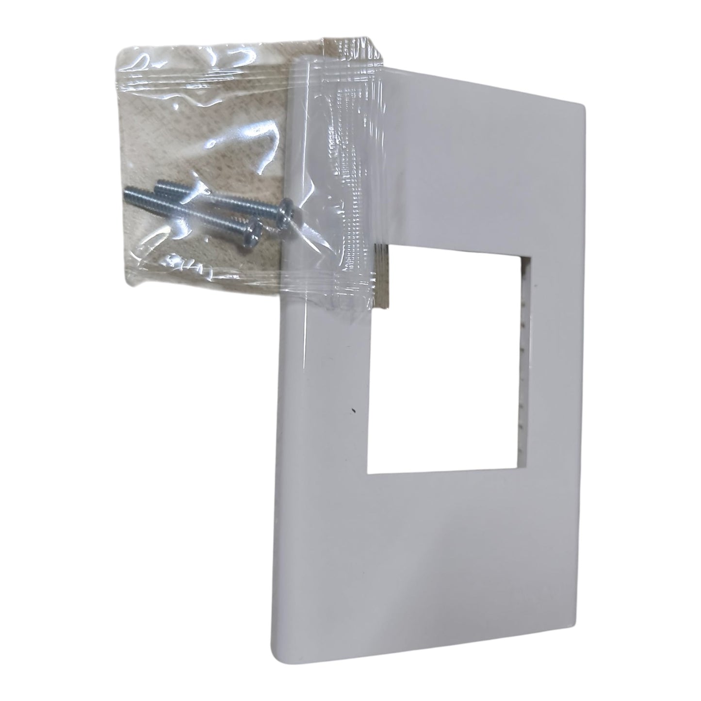 White rectangular wall plate cover with a square cutout, shown with a small clear plastic bag of mounting screws on a white background.