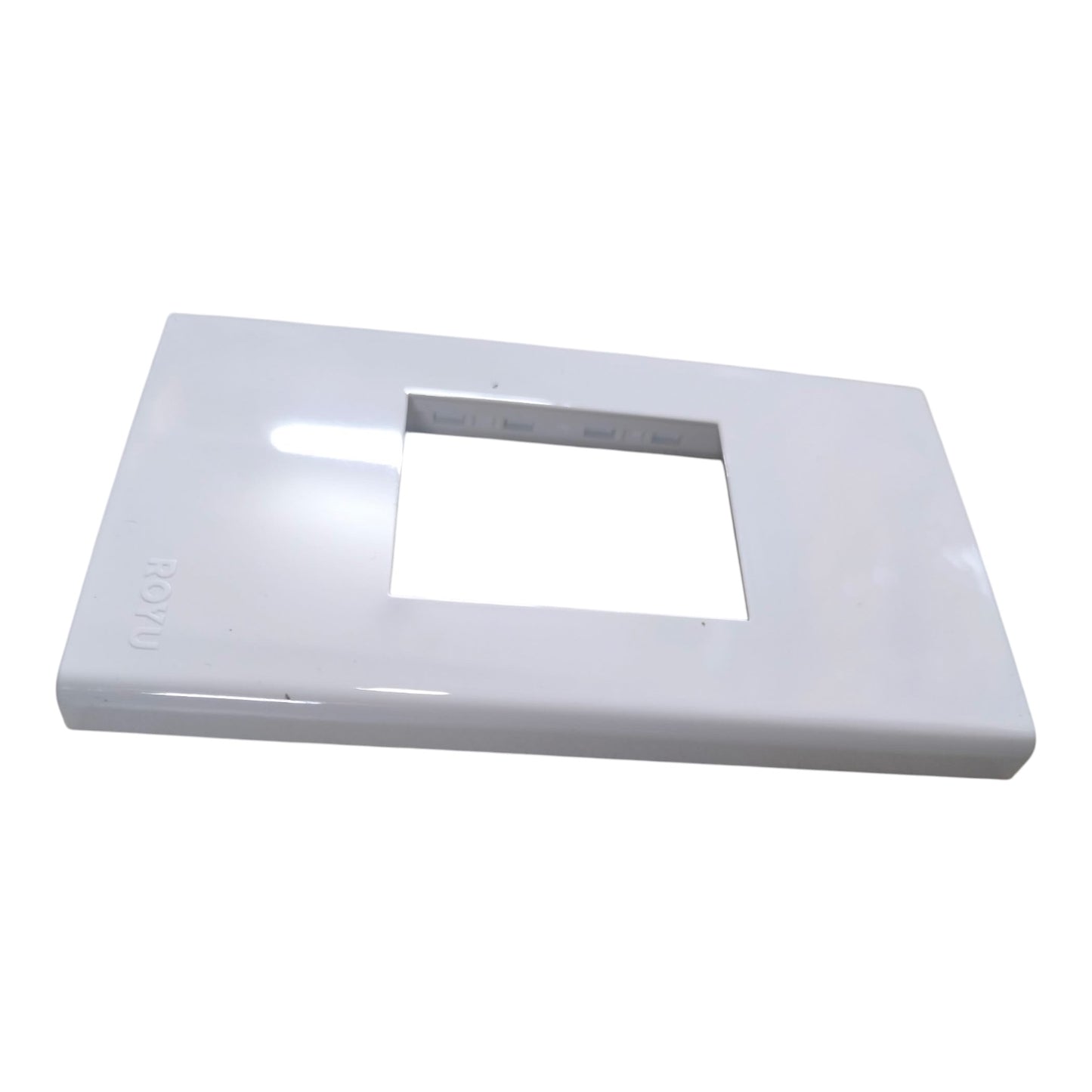 A glossy white rectangular plastic replacement cover plate with a square cutout in the center, shown on a plain white background.