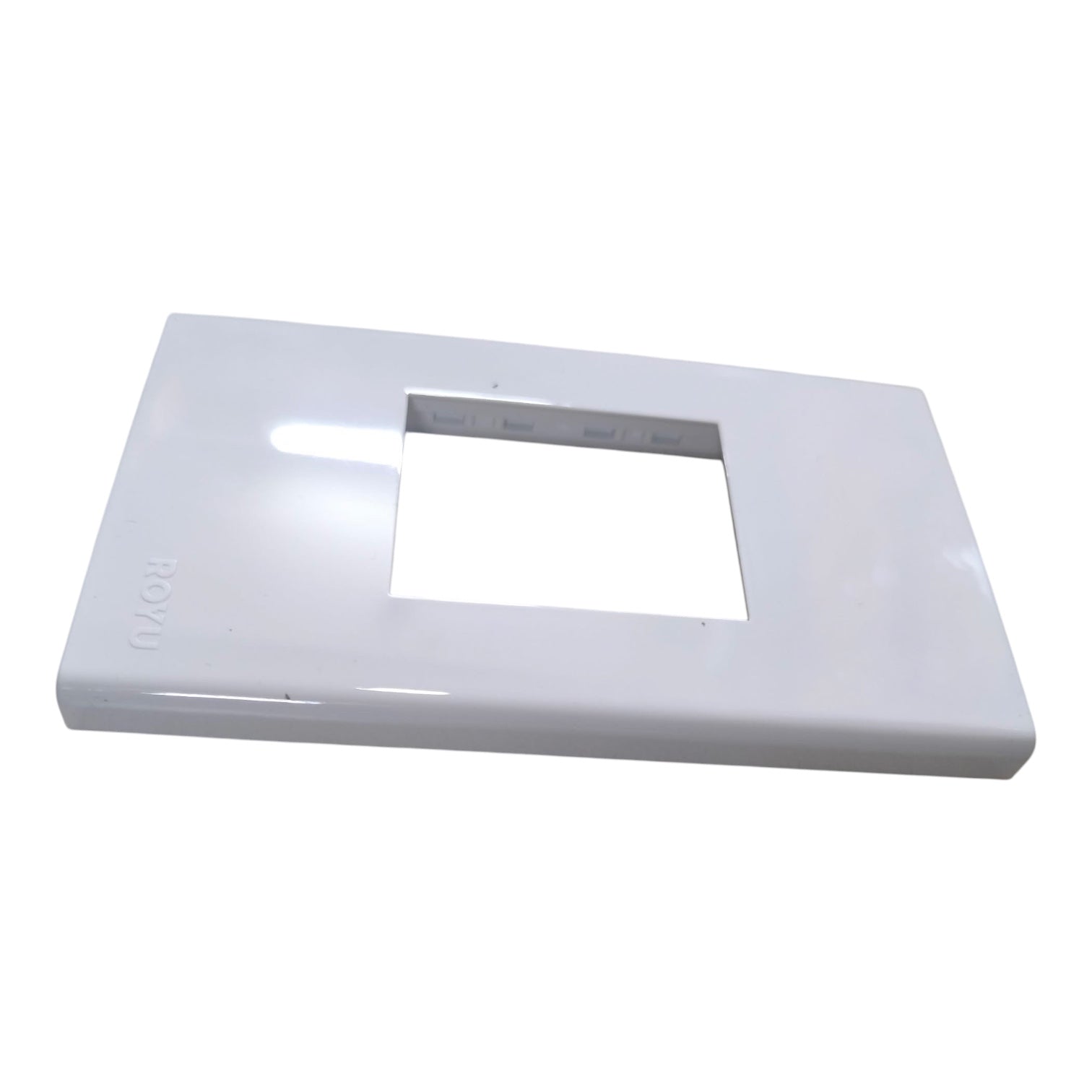 A glossy white rectangular plastic replacement cover plate with a square cutout in the center, shown on a plain white background.