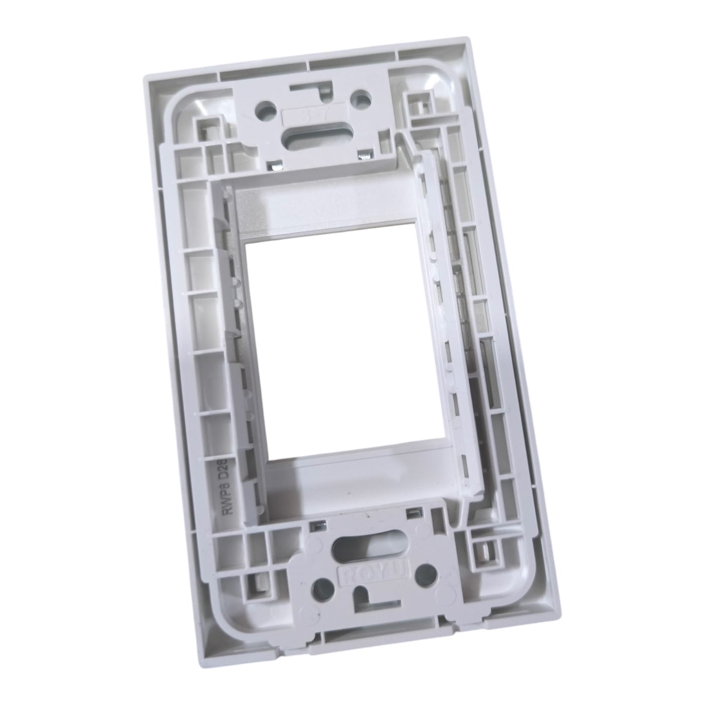 A white plastic electrical outlet cover plate frame, shown from an angled perspective against a plain white background.