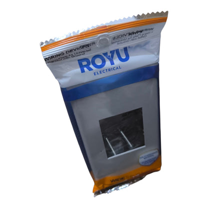 A packaged Royu Electrical wiring device in its original retail packaging, featuring a white, blue, and orange design with a clear window showing the internal product.
