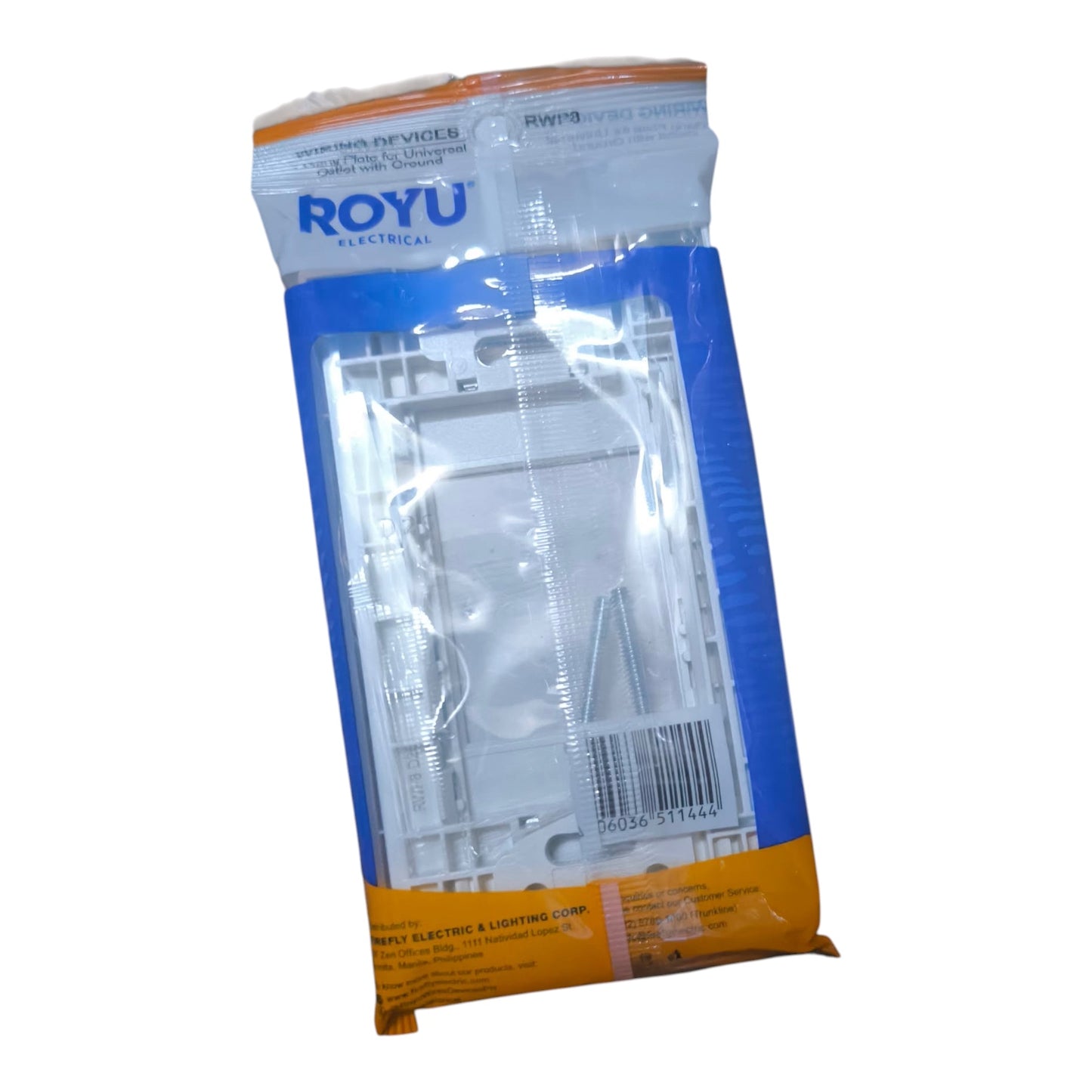 A Royu Electrical wall switch module in its original blue, white, and orange retail packaging, shown against a plain white background.