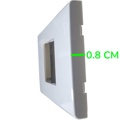 A white square wall switch plate shown at an angle with a green measurement overlay indicating a thickness of 0.8 cm.