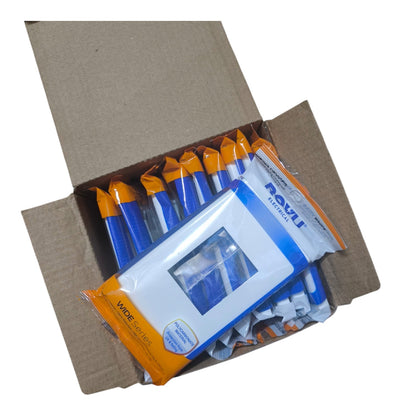 A cardboard box containing multiple packaged medical wipes, with one large wipe pack placed in front. The packs are blue, white, and orange, and the brand name 'NOVI' is visible on the front pack.