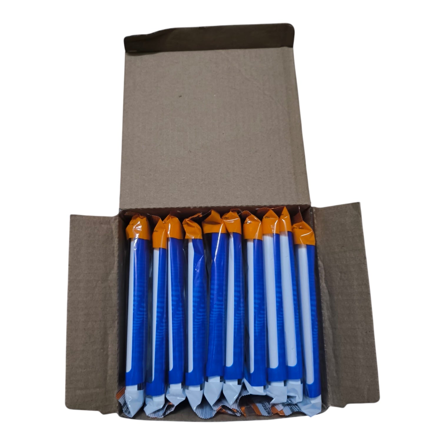 An open brown cardboard box containing multiple individually wrapped blue and white stick-like items with orange tips, photographed on a plain white background.