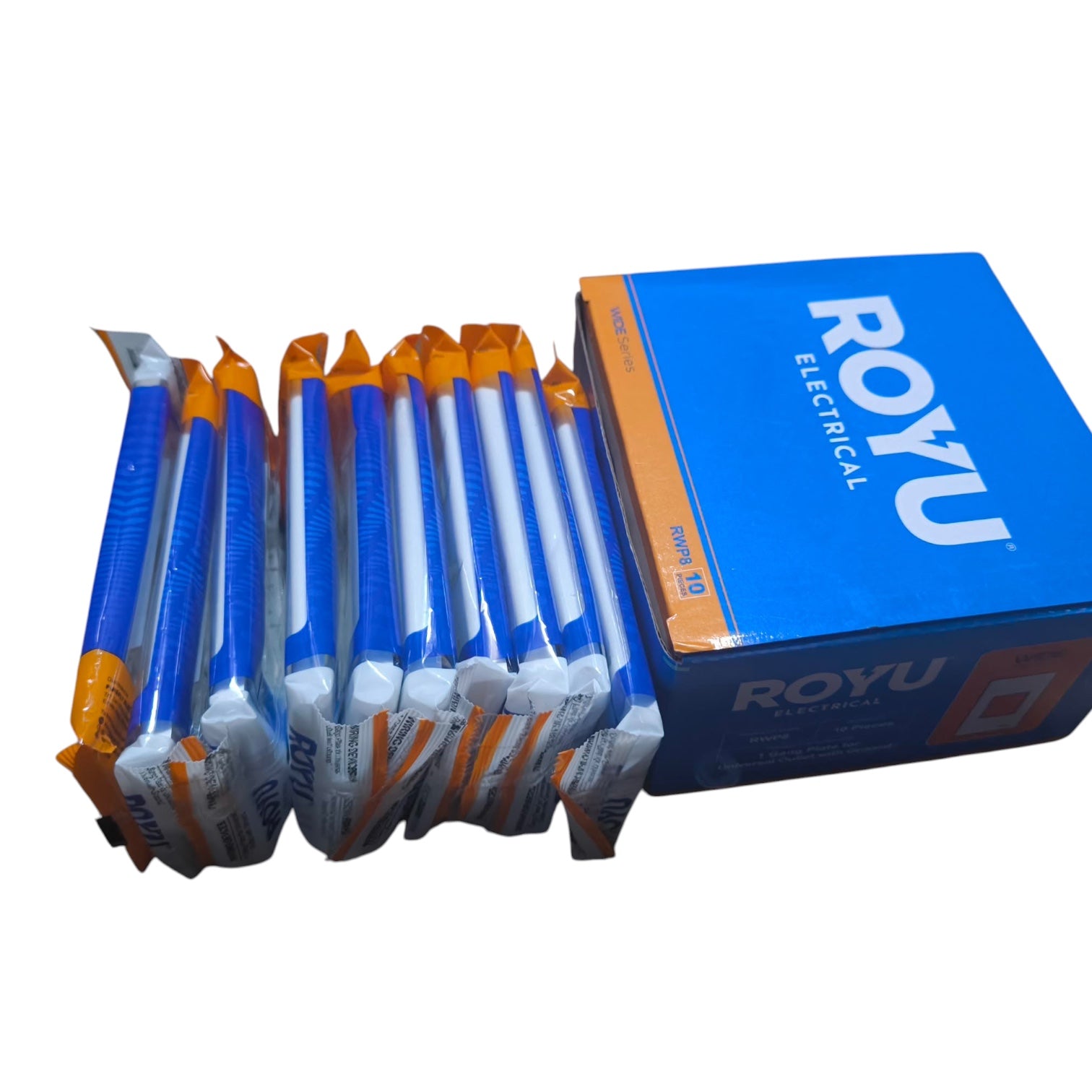 A blue and orange ROYU Electrical electrical connector box next to several individually wrapped blue and orange connector cables on a white background.