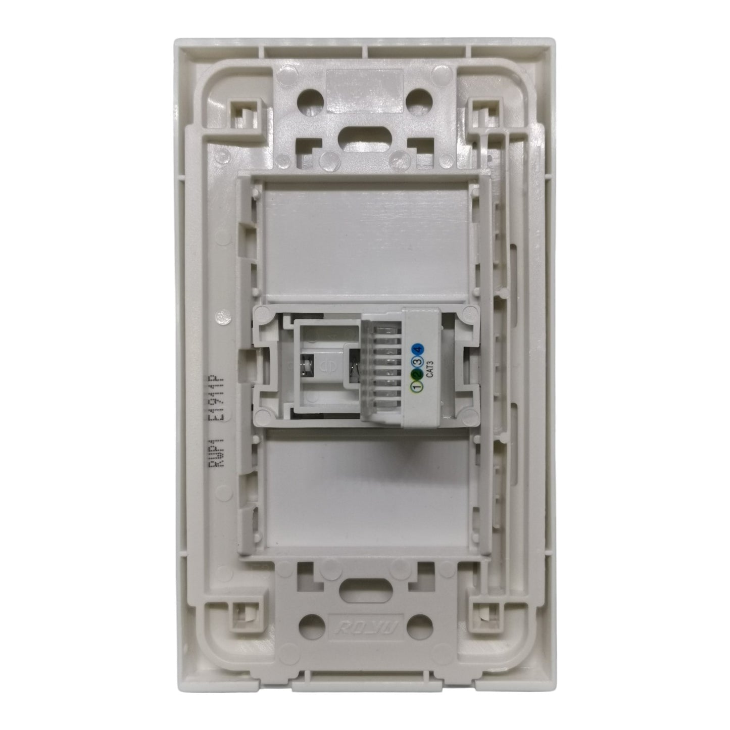 A white plastic RJ45 network module inside a modular wall switch backplate, shown against a plain white background.