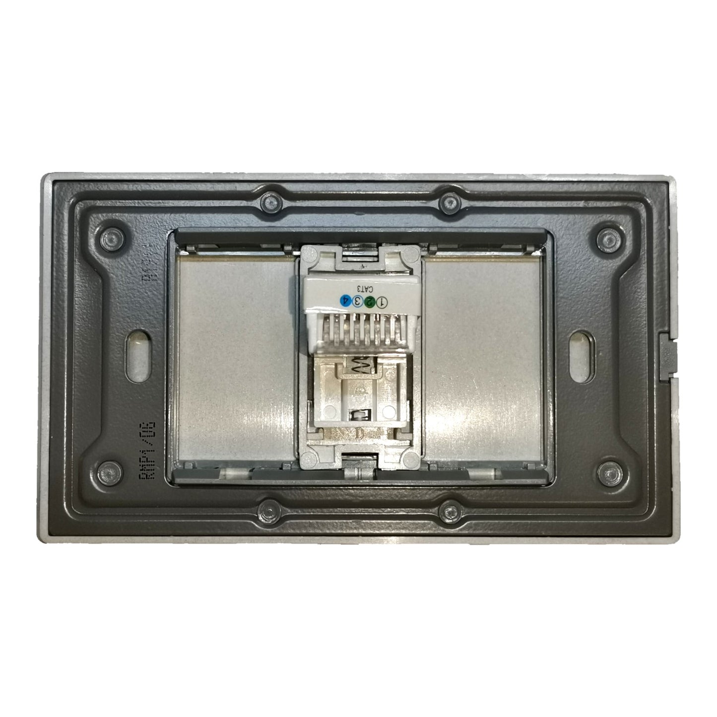 An RJ45 Ethernet port module shown inside its dark gray metal mounting tray, with a silver metal backplate visible behind it.