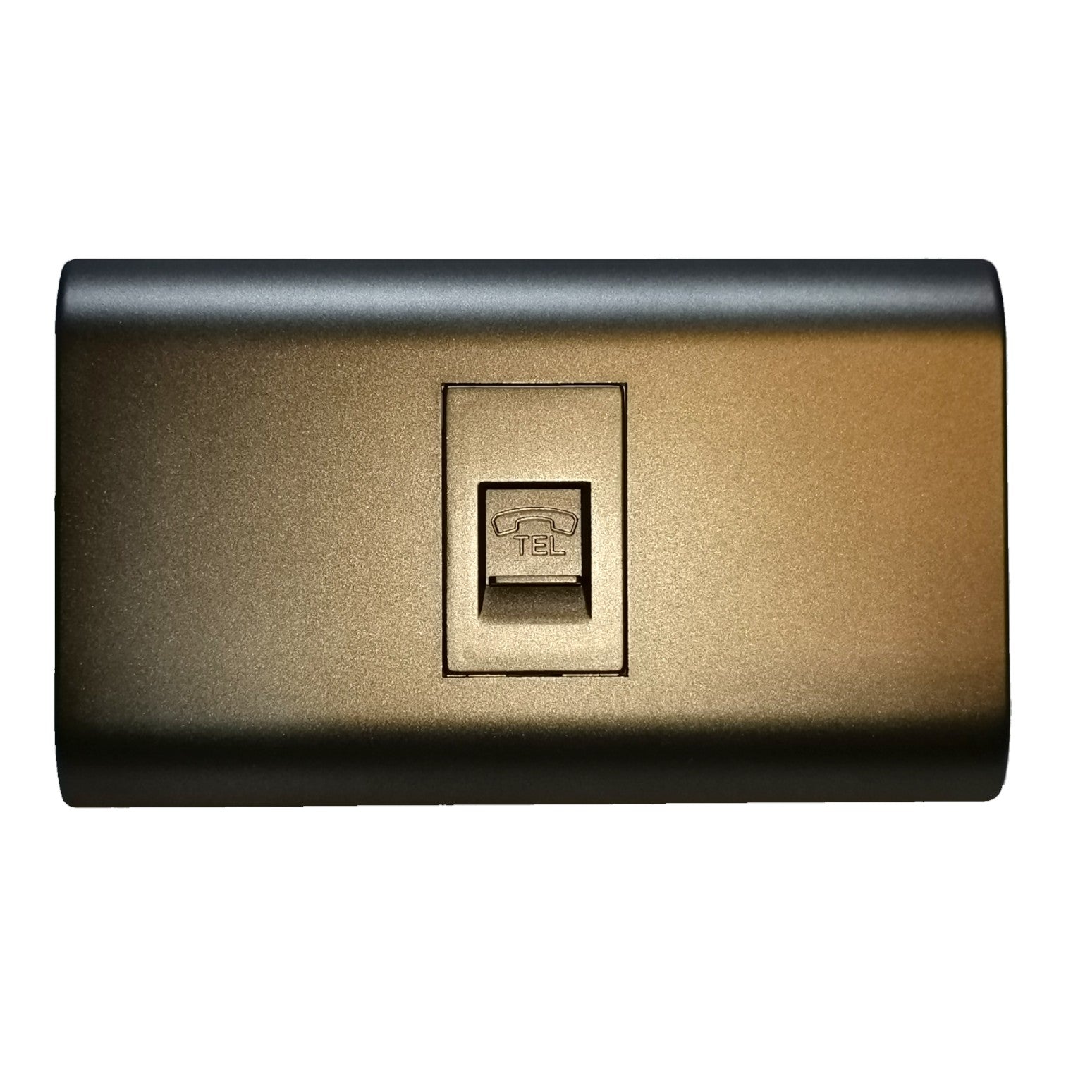 A modern wall-mounted RJ45 network module with a textured metallic finish in a bronze color, featuring a recessed center with a standard telephone plug.