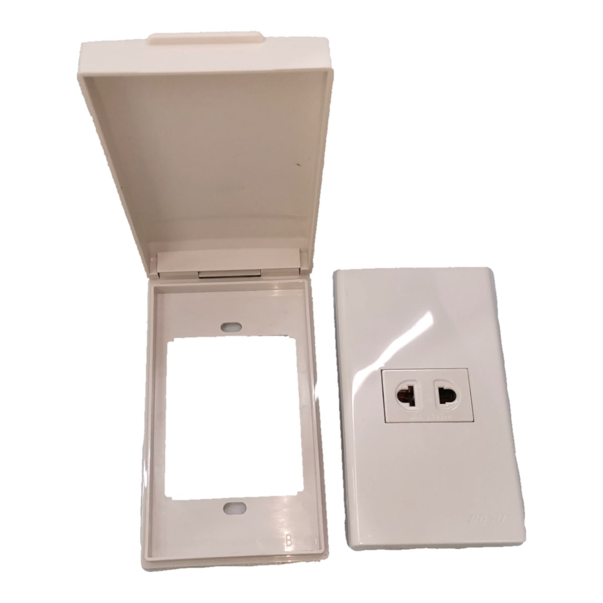 A white plastic electrical outlet cover plate set, showing the open backplate with a blank socket frame next to the front plate with a two-hole outlet.