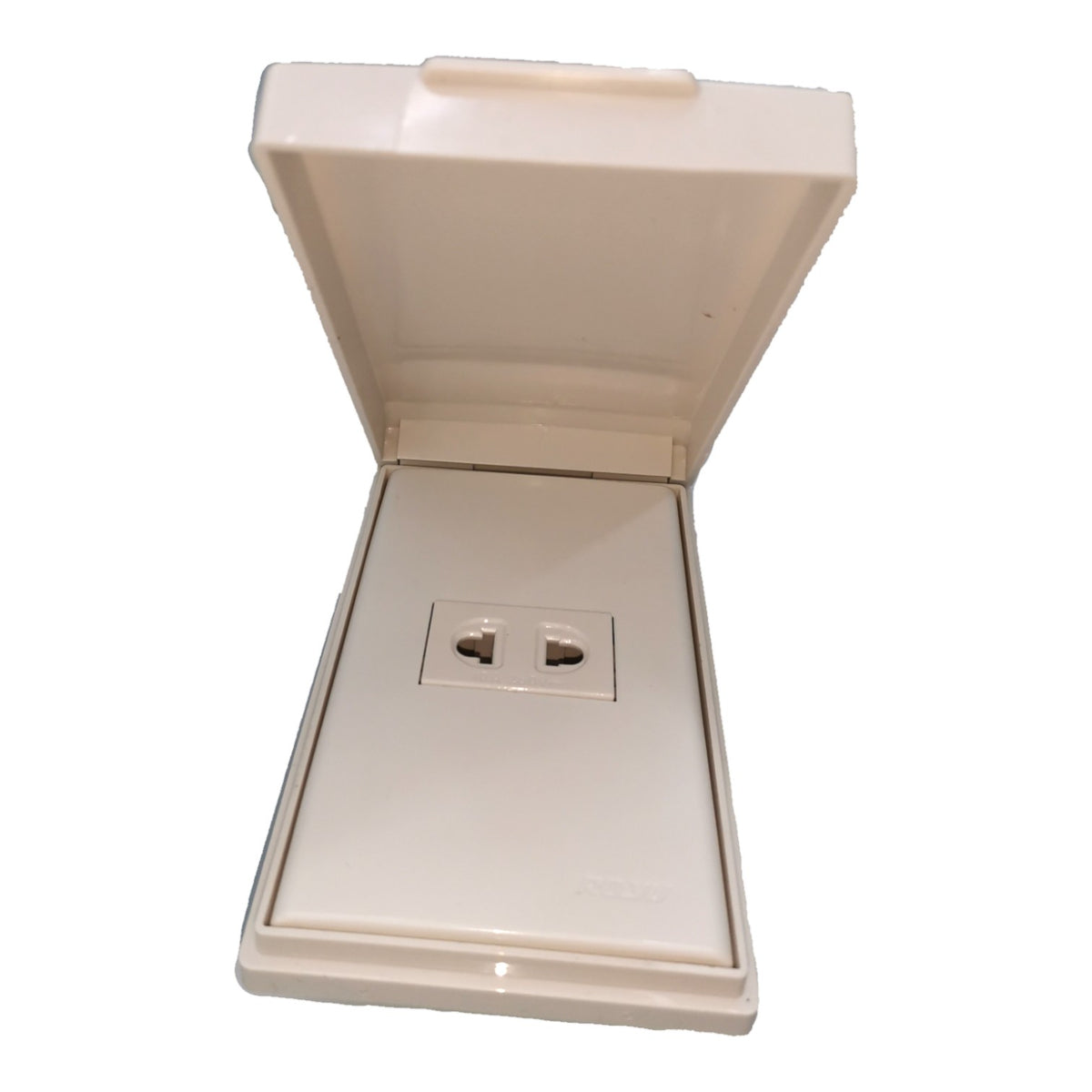 An off-white plastic double outlet socket cover with its lid open, showing two UK-style wall sockets on the front.