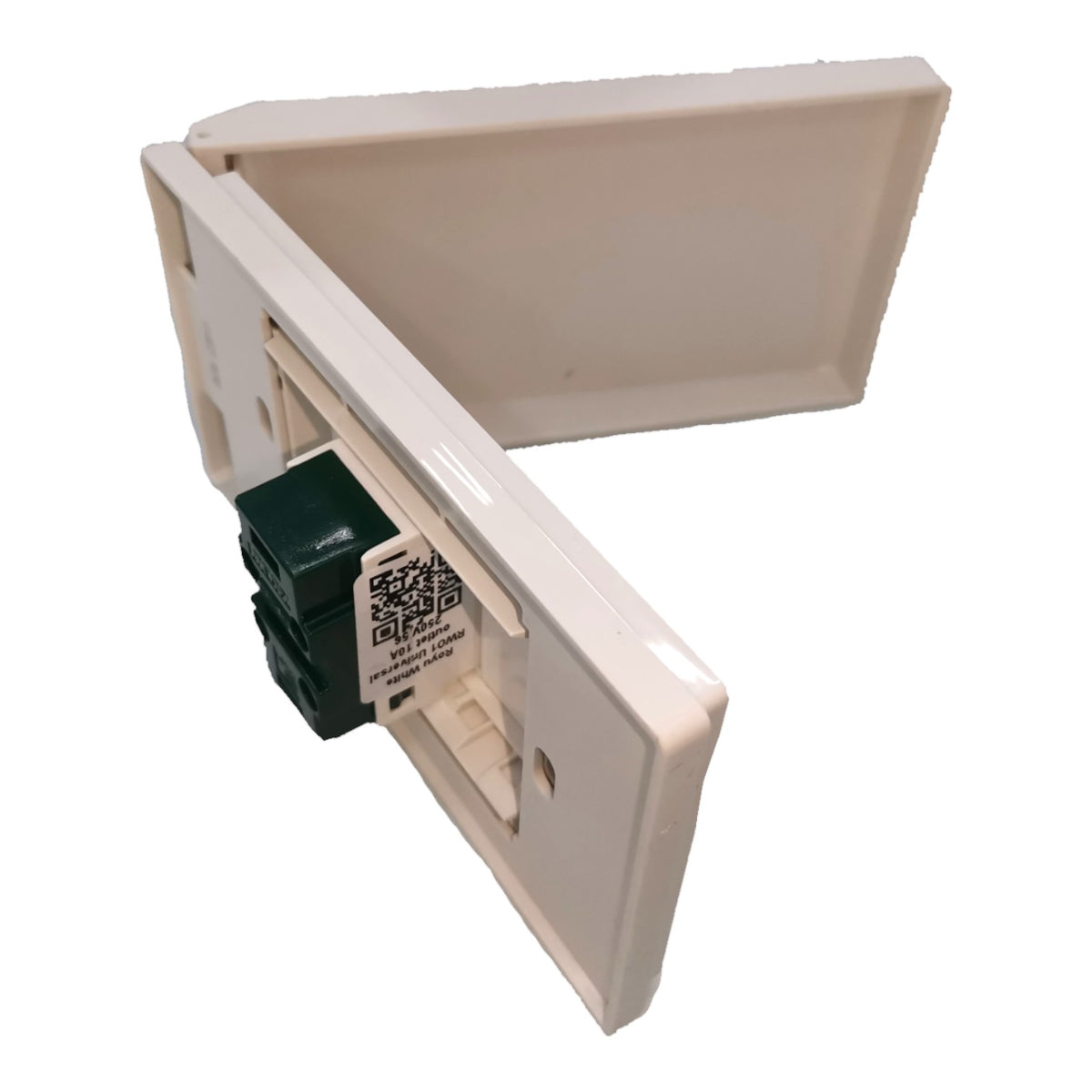 A white plastic electrical switchboard cover plate with a dark green terminal block connector, shown on a plain white background.