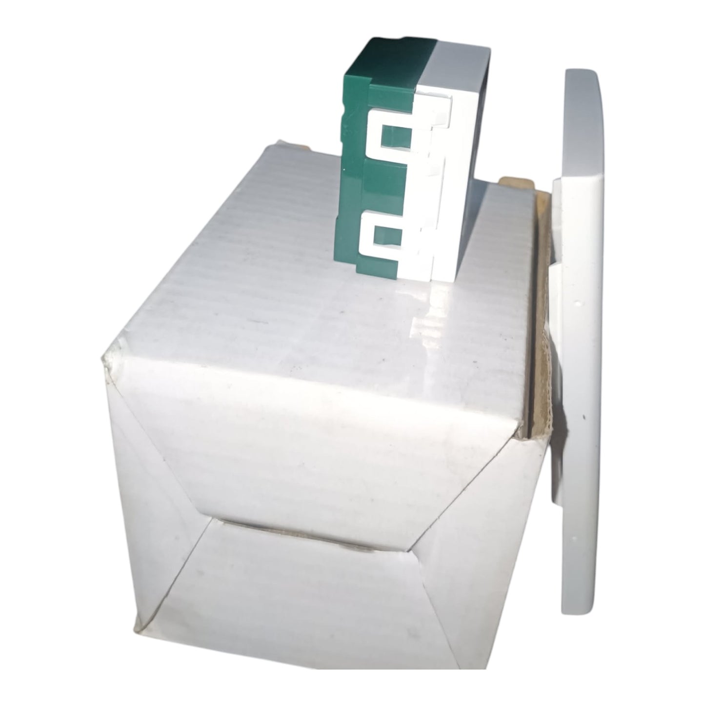 A small plastic hardware component with a dual-color design, featuring a light gray front face and a dark forest green side panel, isolated on a white background.