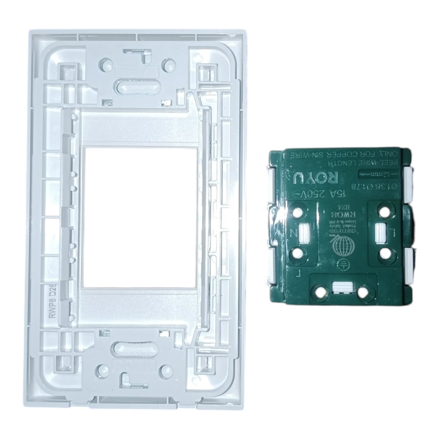 A white plastic electrical outlet cover plate with a cutout keyhole in the center and two socket slots on top, shown against a plain white background.