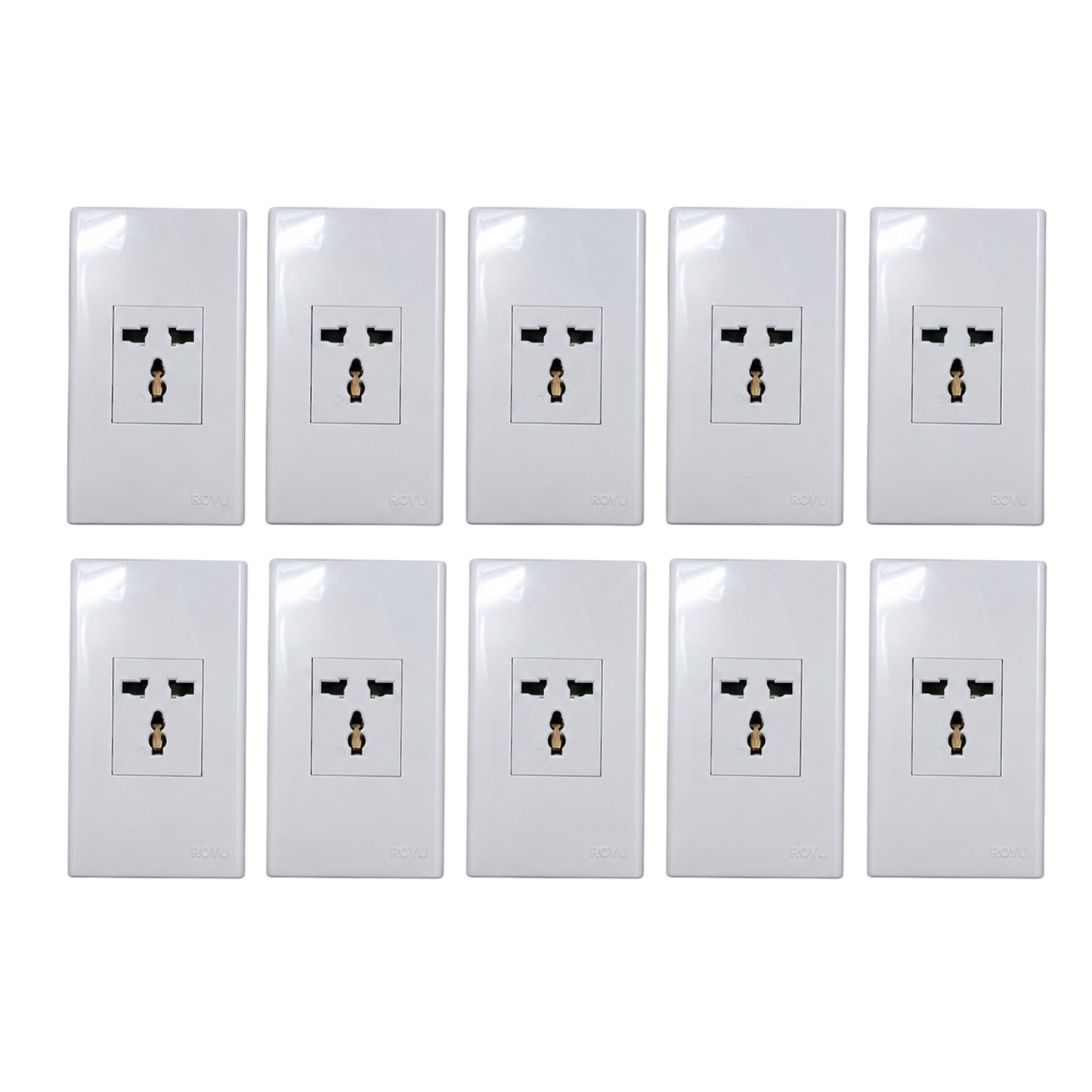 Eight white double outlet electrical wall sockets arranged in two rows of four on a plain white background.