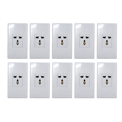 Eight white double outlet electrical wall sockets arranged in two rows of four on a plain white background.