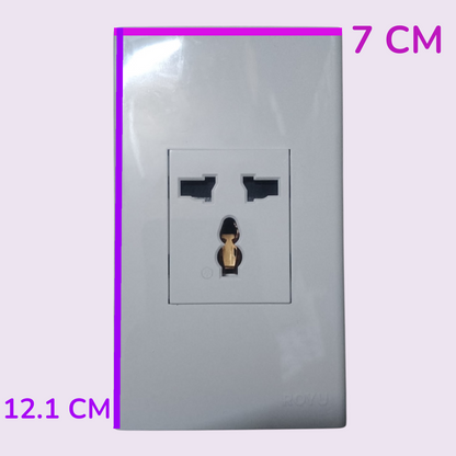 A white wall outlet socket with dimension labels showing 7 cm width and 12.1 cm height, set against a pale lavender background.