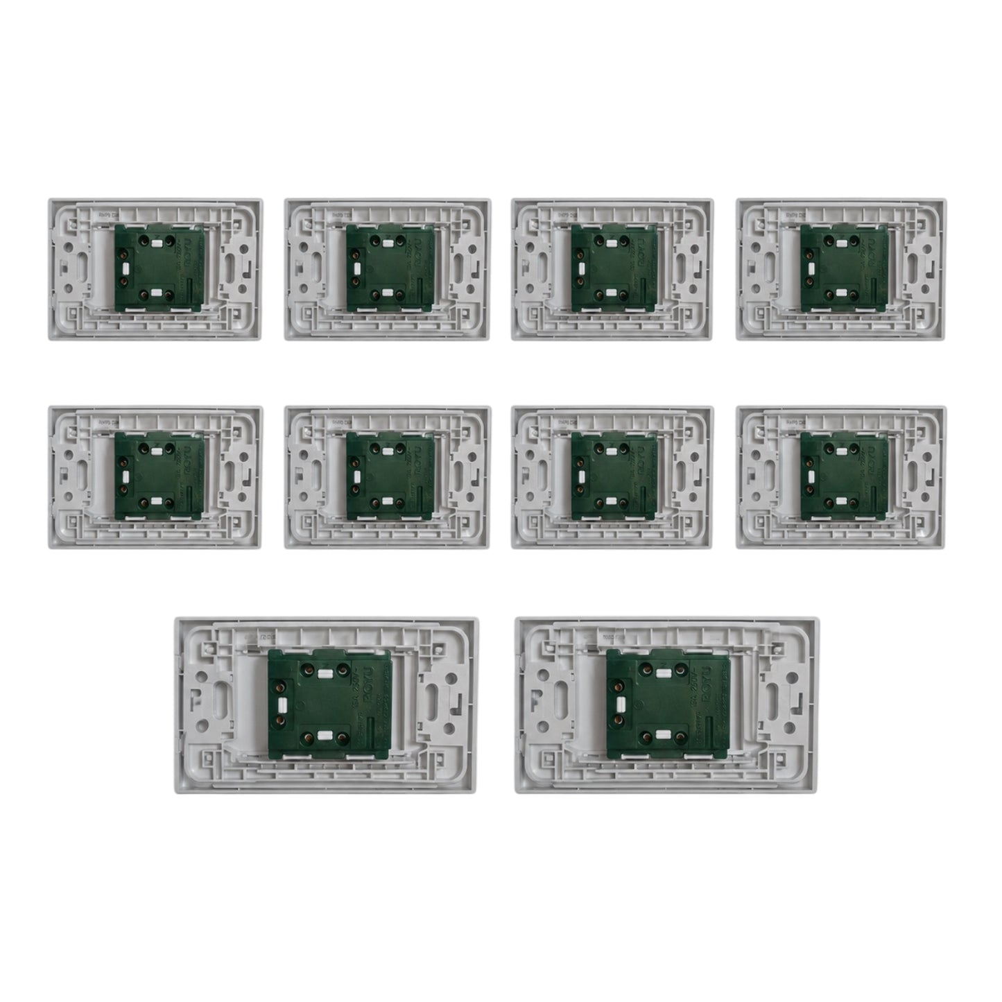 Eight electronic circuit board modules with green PCBs and silver-gray plastic housings, arranged in a grid on a plain white background.