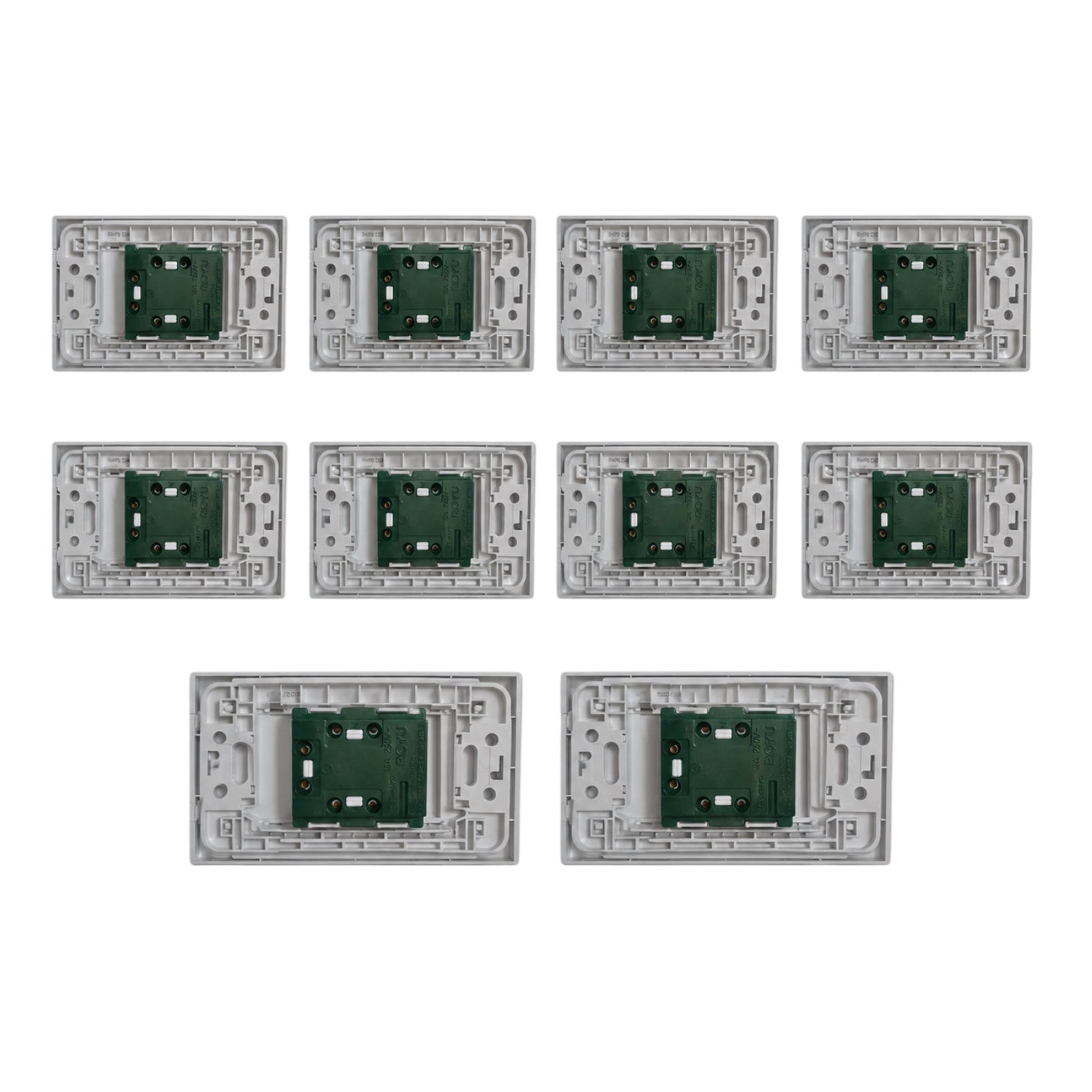 Eight electronic circuit board modules with green PCBs and silver-gray plastic housings, arranged in a grid on a plain white background.