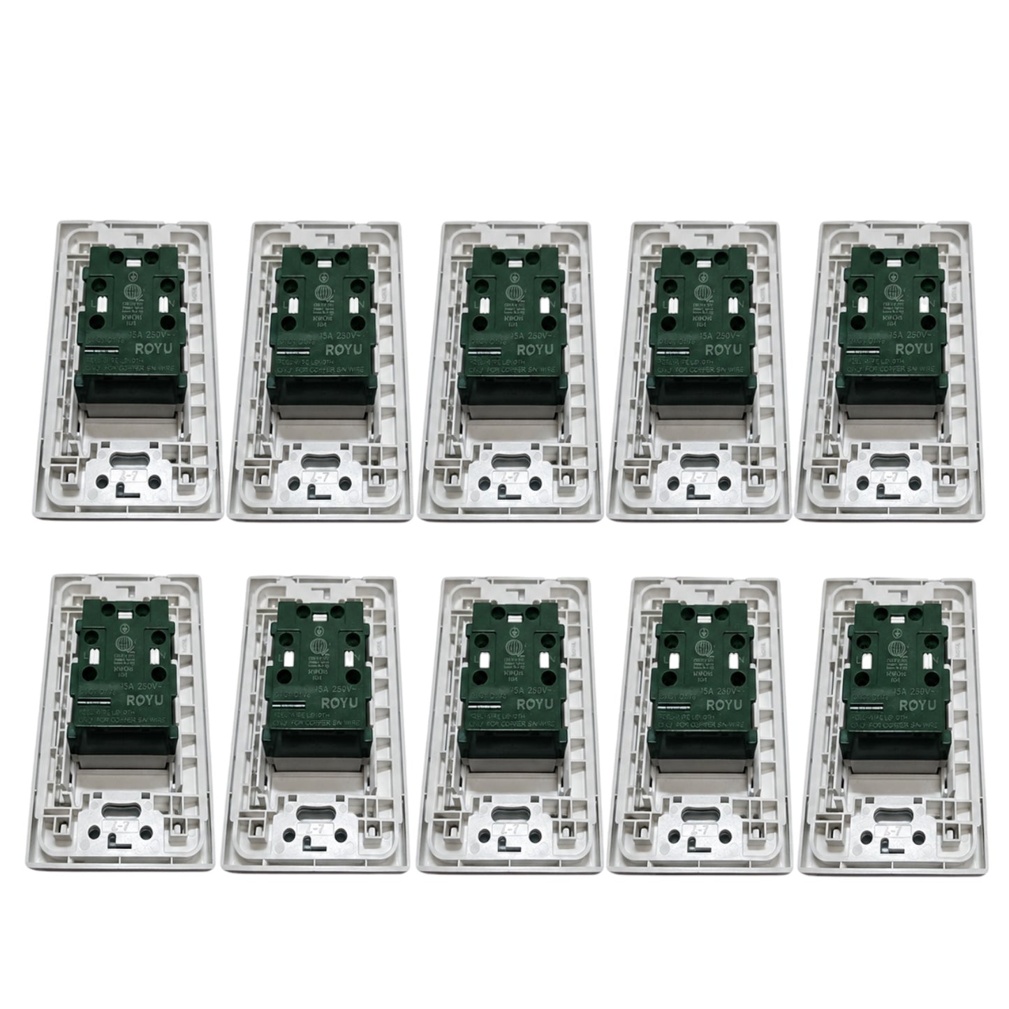 Ten modular electronic control relays arranged in two rows of five on a plain white background.