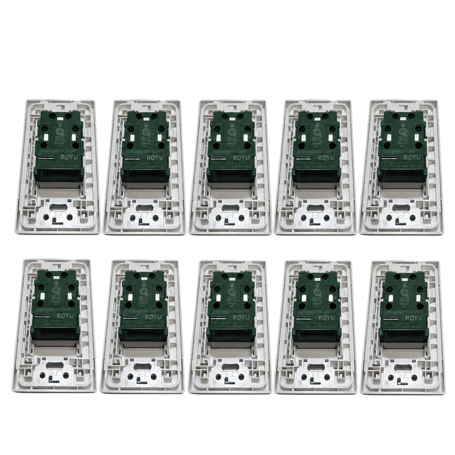 Ten modular electronic control relays arranged in two rows of five on a plain white background.
