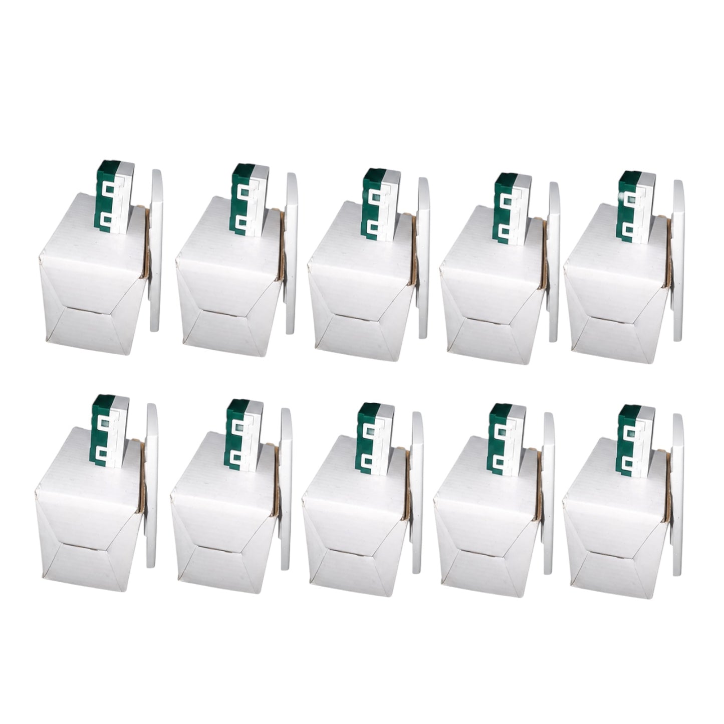 Ten white paper food packaging boxes arranged in two rows of five on a plain white background. Each box has a small green and white flap detail visible at the top.