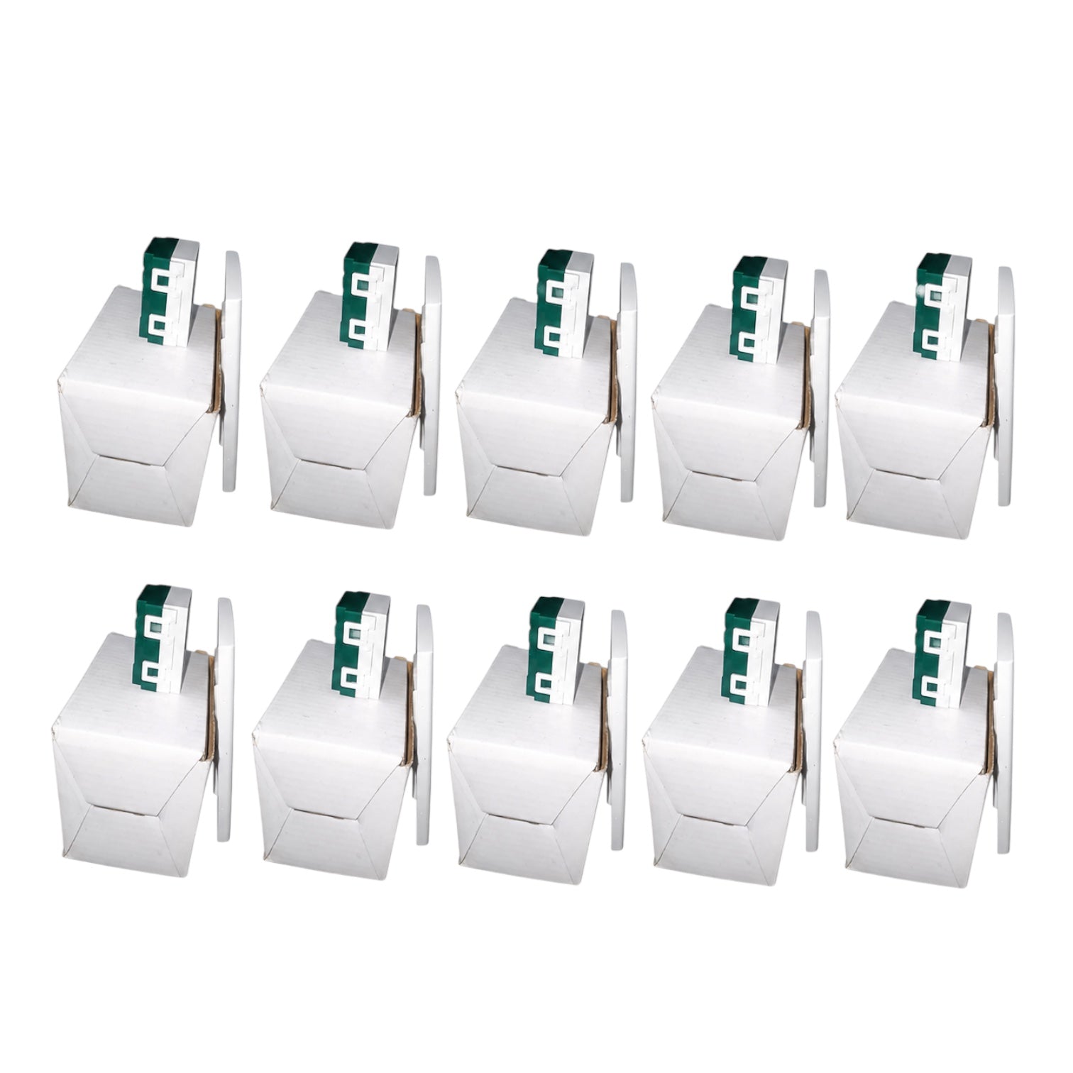 Ten white paper food packaging boxes arranged in two rows of five on a plain white background. Each box has a small green and white flap detail visible at the top.