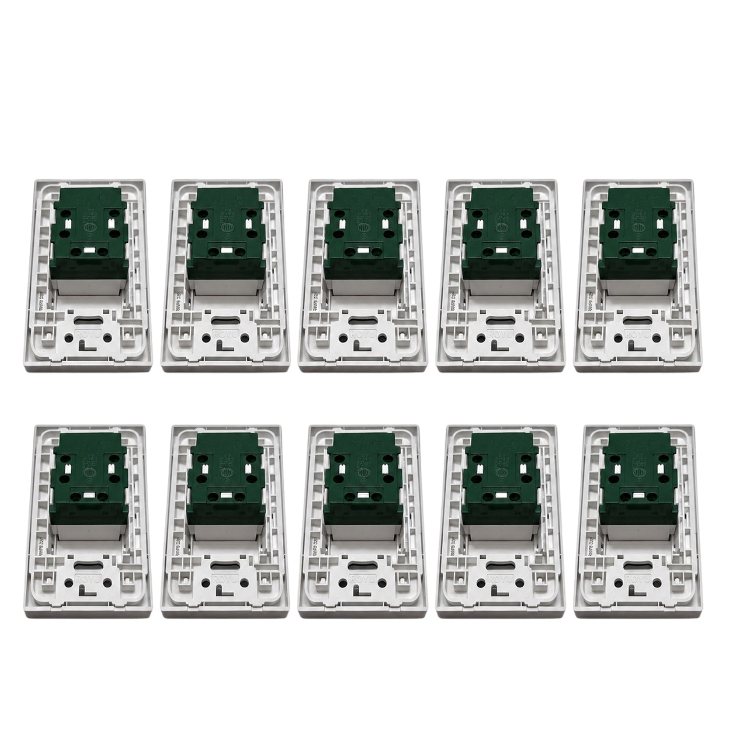 Eight silver electrical wall switch modules arranged in two rows of four on a plain white background.