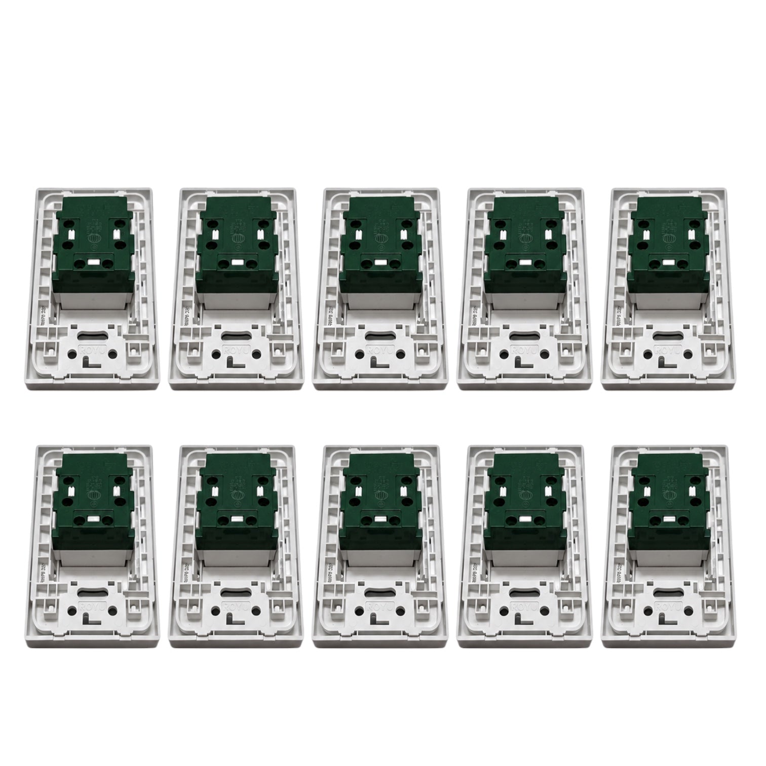 Eight silver electrical wall switch modules arranged in two rows of four on a plain white background.