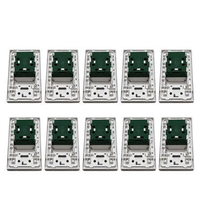 Eight silver electrical wall switch modules arranged in two rows of four on a plain white background.