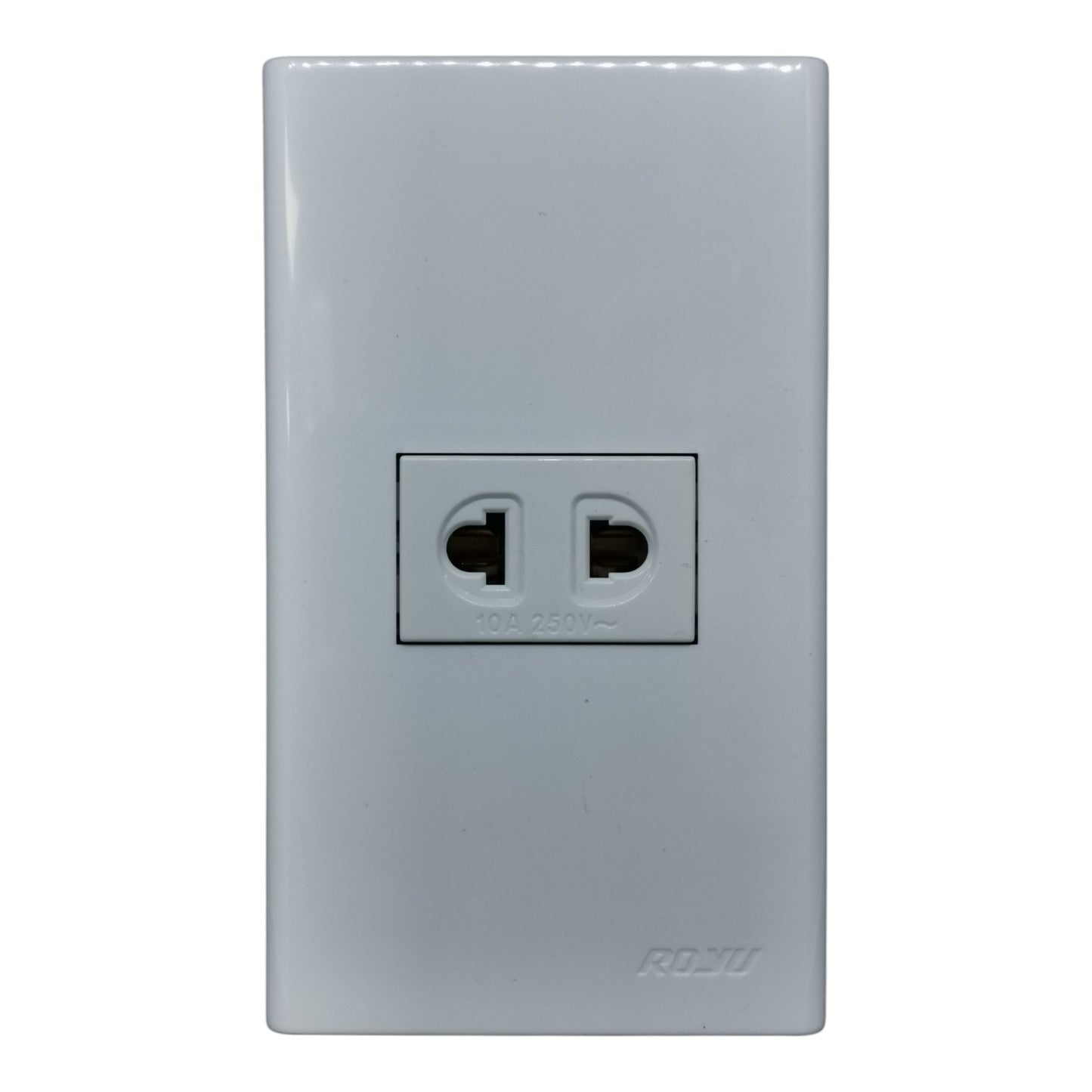 A white two-hole electrical outlet faceplate with a recessed center socket, shown against a plain white background. The brand name ROJO is subtly embossed near the bottom right.