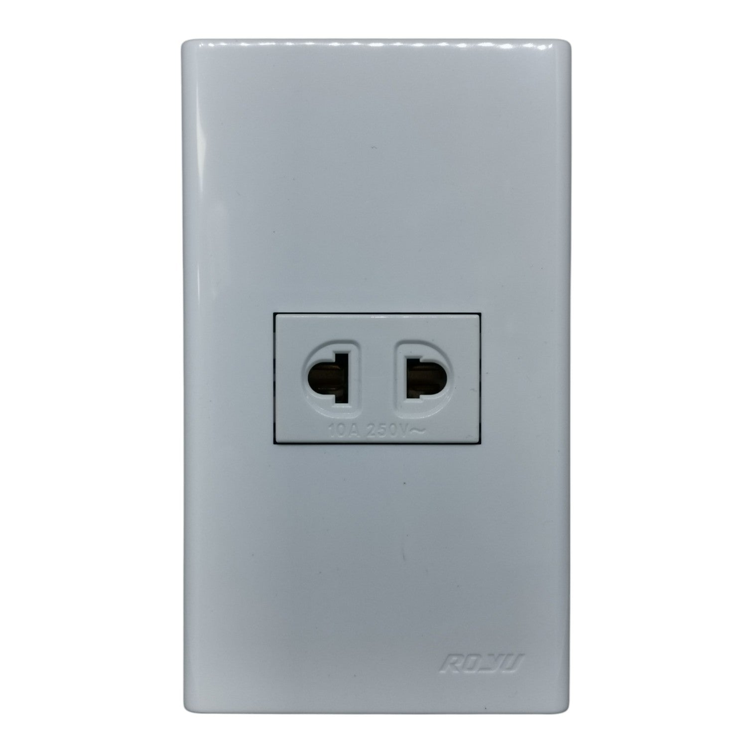 A white two-hole electrical outlet faceplate with a recessed center socket, shown against a plain white background. The brand name ROJO is subtly embossed near the bottom right.