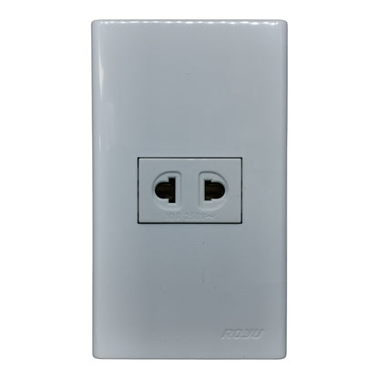 A white two-hole electrical outlet faceplate with a recessed center socket, shown against a plain white background. The brand name ROJO is subtly embossed near the bottom right.