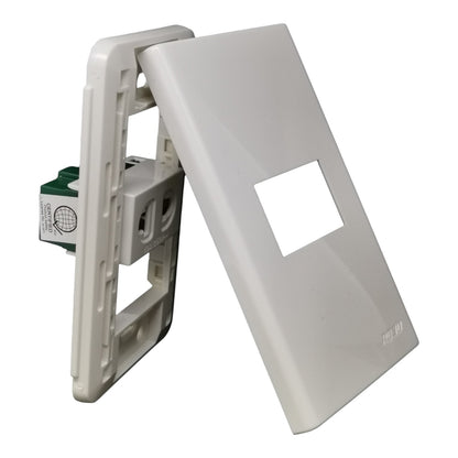 White plastic electrical outlet cover plate and backplate assembly, shown on a clean white background.
