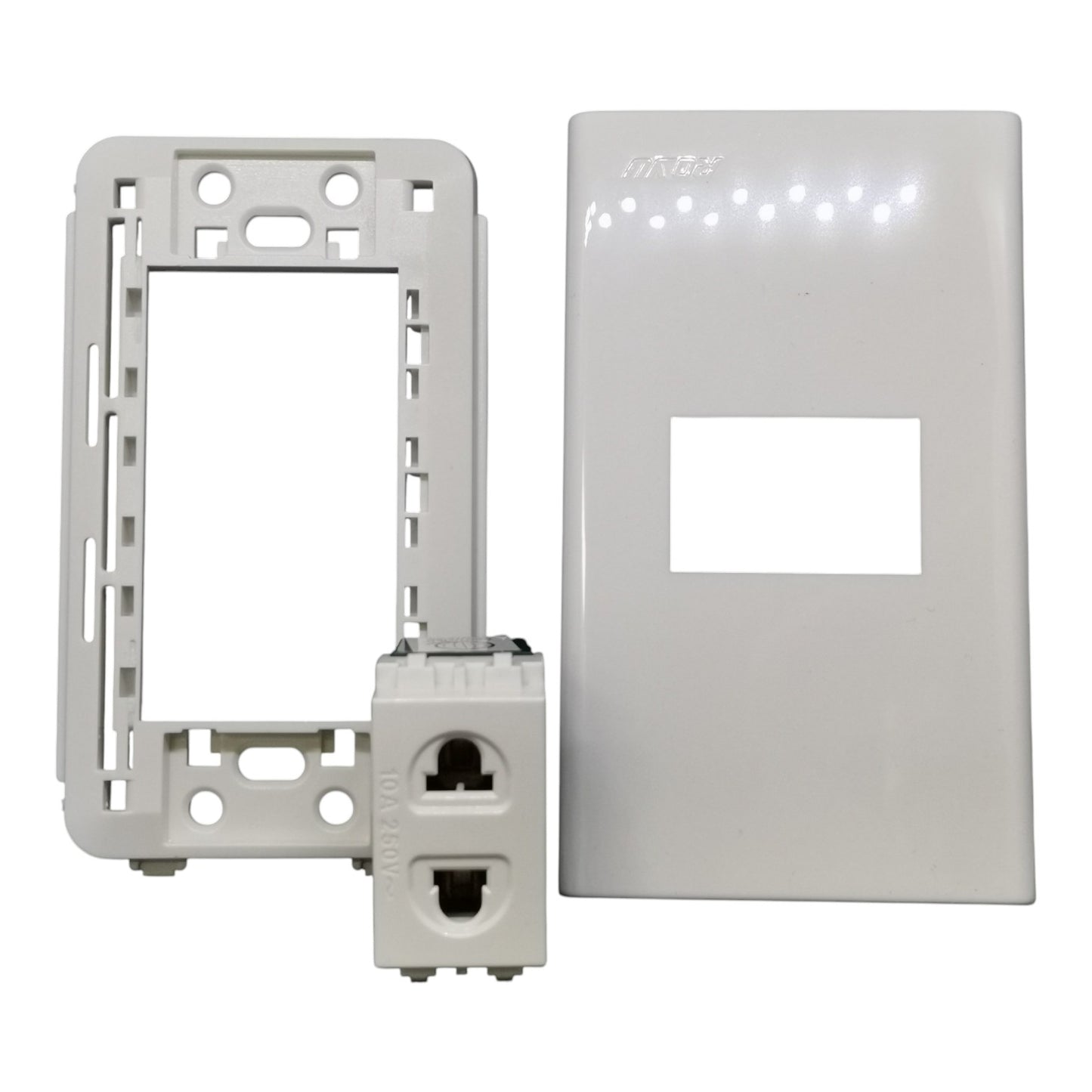 White plastic electrical outlet kit components on a white background, including a mounting frame, a faceplate, and a small connector module.