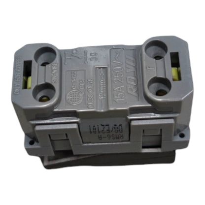 A gray plastic electrical connector component with molded technical specifications and markings, shown on a plain white background.