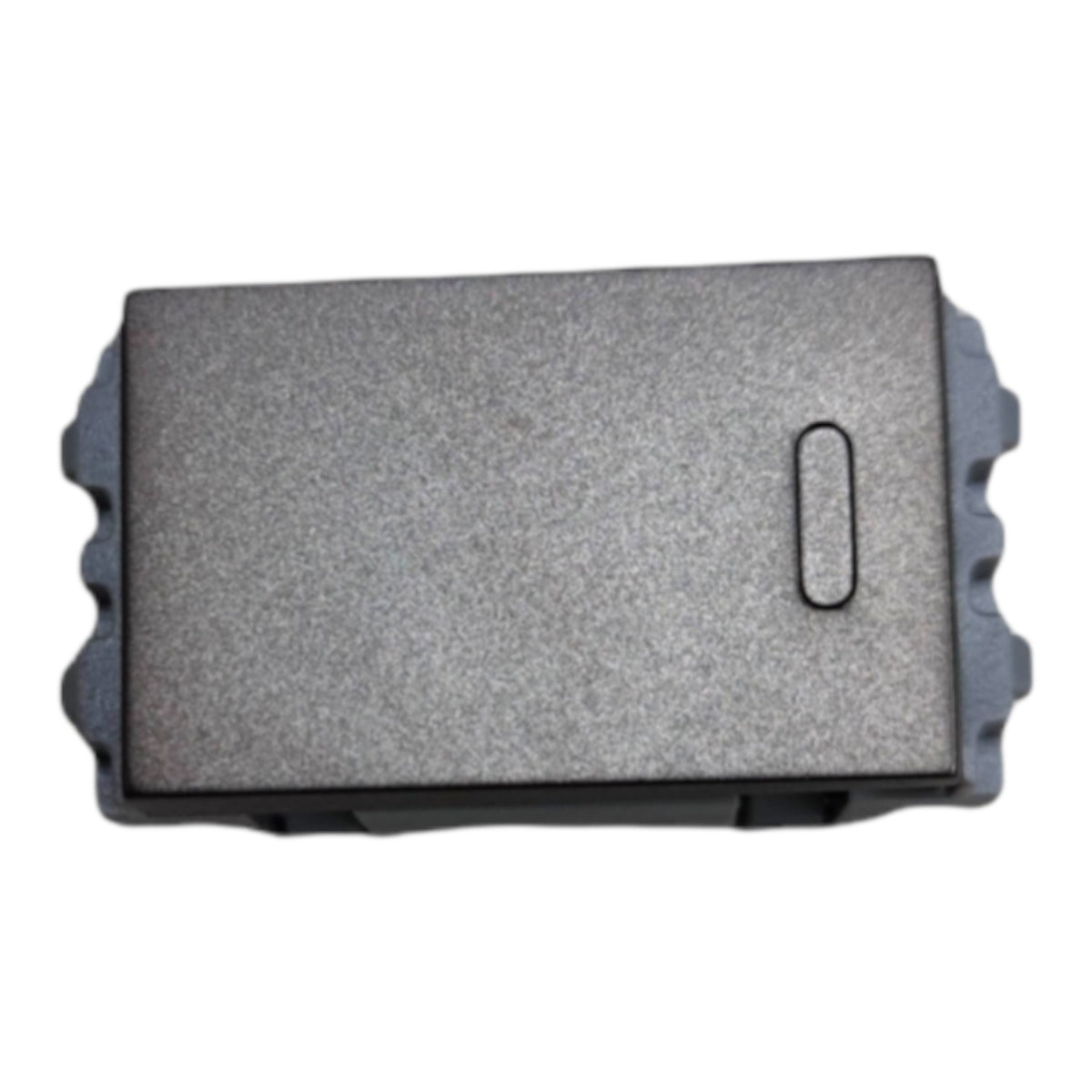 A dark gray textured plastic electrical switch component with a vertical oval cutout on its top surface, isolated on a white background.