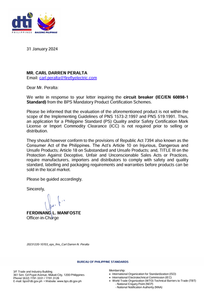 Letter from the Bureau of Philippine Standards regarding a circuit breaker product