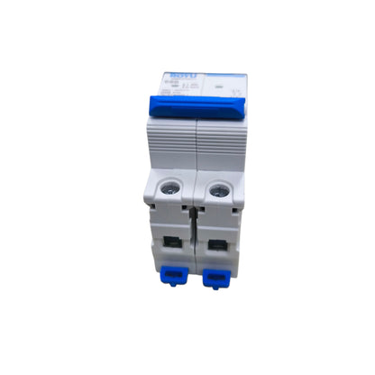 Electrical circuit breaker with blue accents on a white background