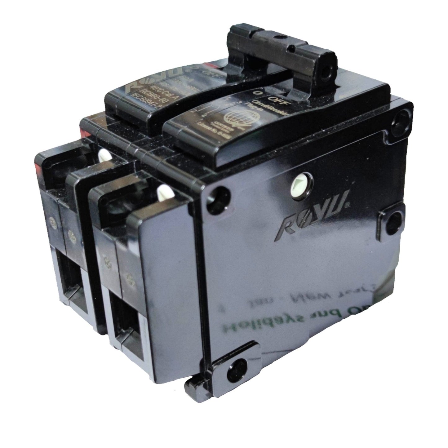 A black electrical circuit breaker with a top handle, photographed on a plain white background. The brand name 'ROW' is visible on the side of the unit.