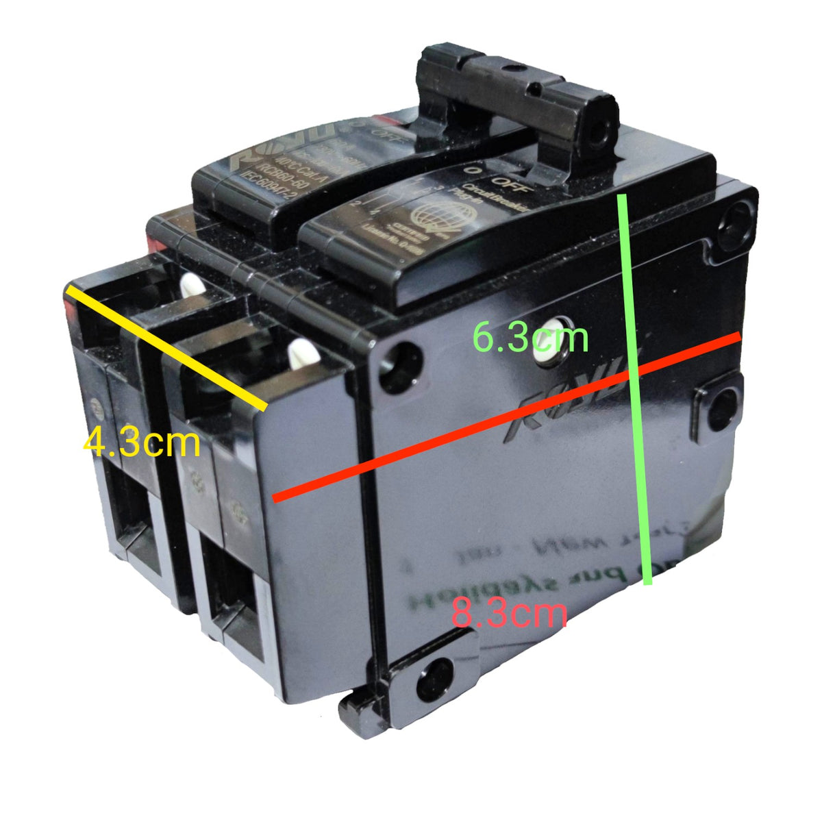 A black electrical circuit breaker with overlaid dimension lines and measurements in centimeters (4.3cm, 6.