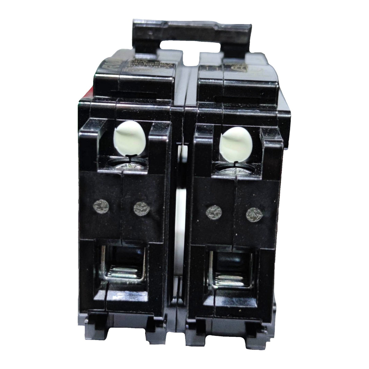A pair of black double-pole circuit breakers shown side-by-side against a plain white background.