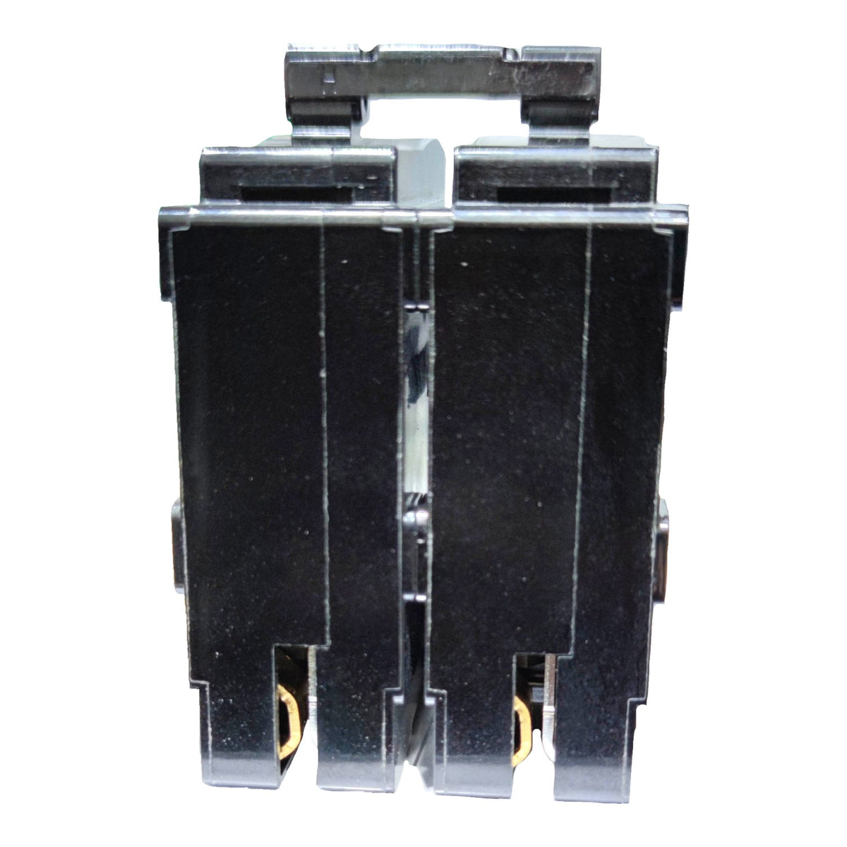 A black plastic double-gang electrical switch module with gold-colored screw terminals, shown against a plain white background.