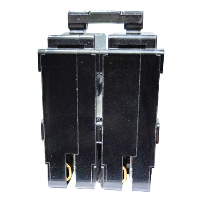A black plastic double-gang electrical switch module with gold-colored screw terminals, shown against a plain white background.