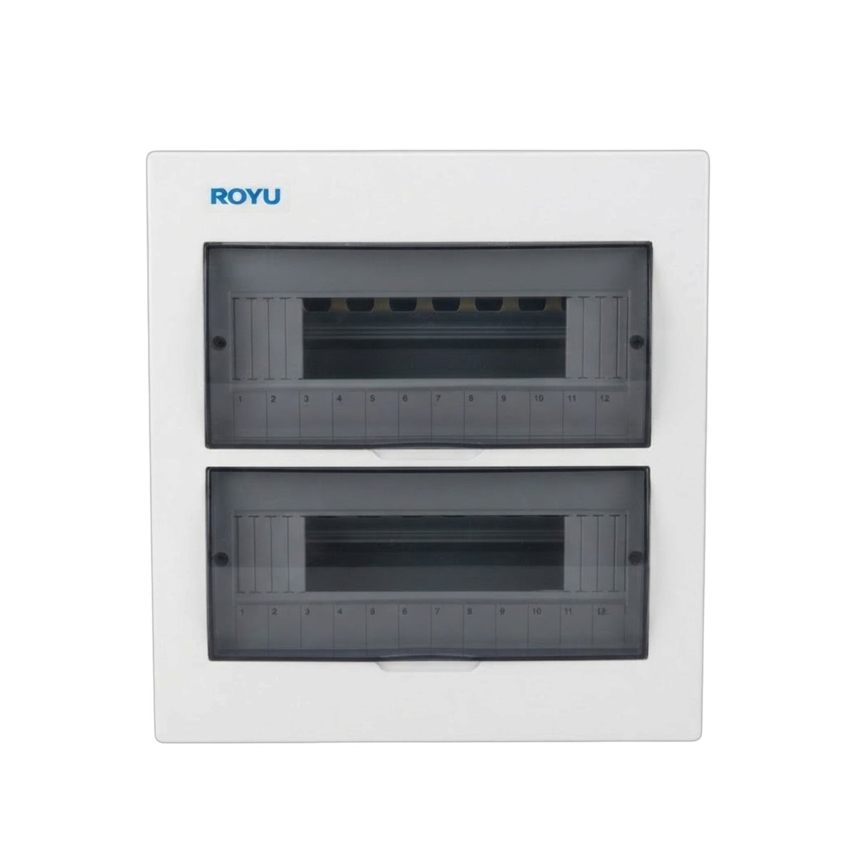 A white Royu double electrical distribution board cover with two dark gray translucent front doors, shown on a plain white background.