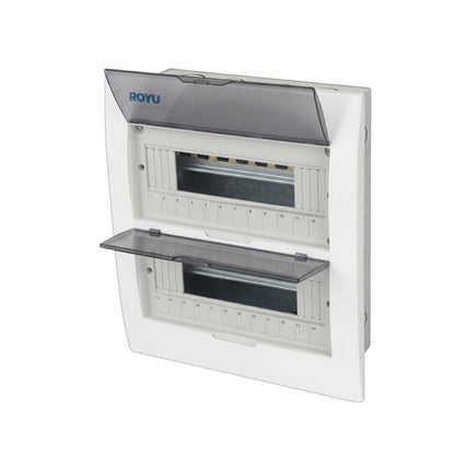 A white double electrical meter box with two open compartments, featuring translucent dark gray lids and the ROYU brand name printed in blue on the top left.
