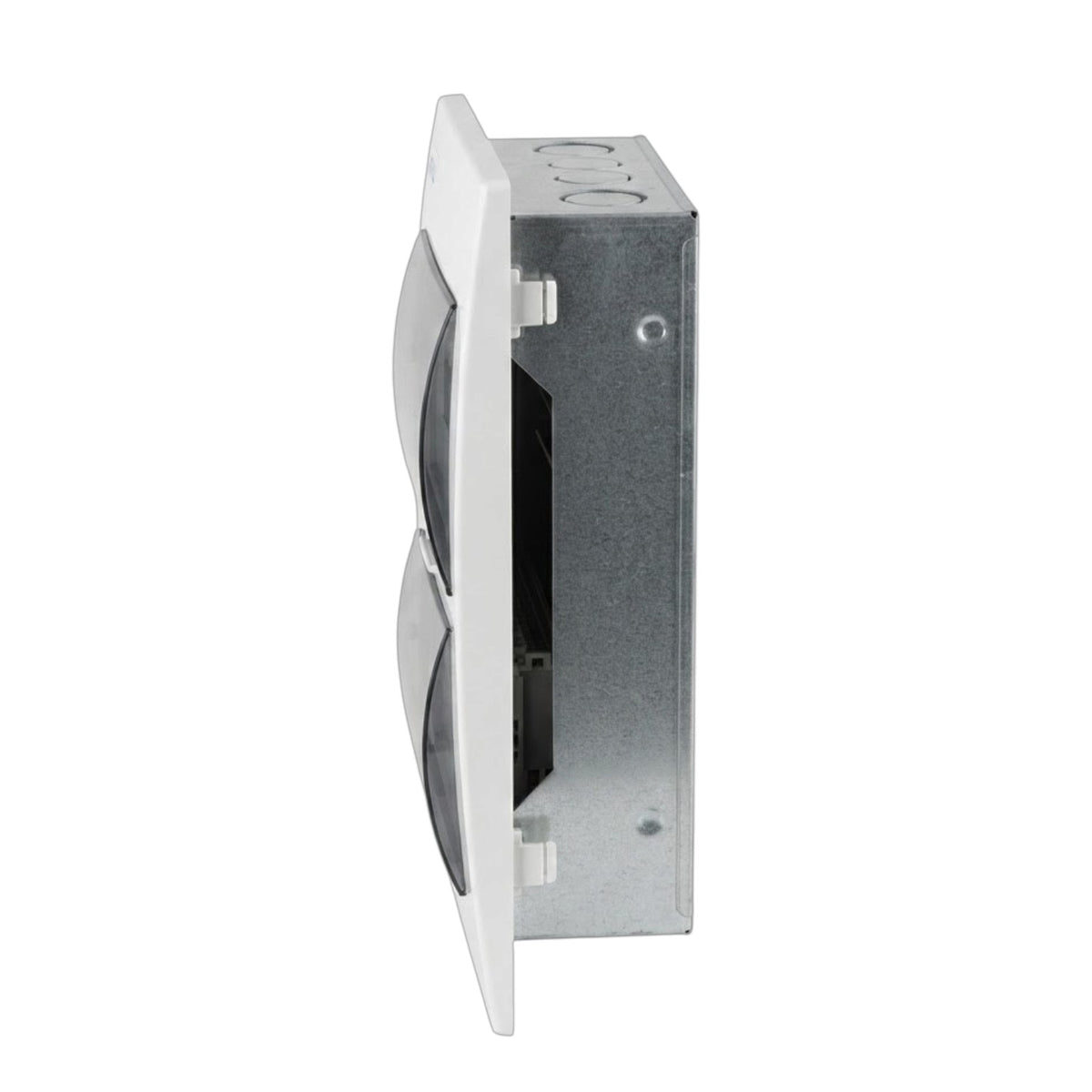 A galvanized steel exhaust fan with a white plastic frame and two dark gray circular louvers, shown from a side profile view against a white background.