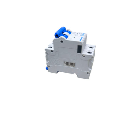 Electrical circuit breaker with blue handles on a white background