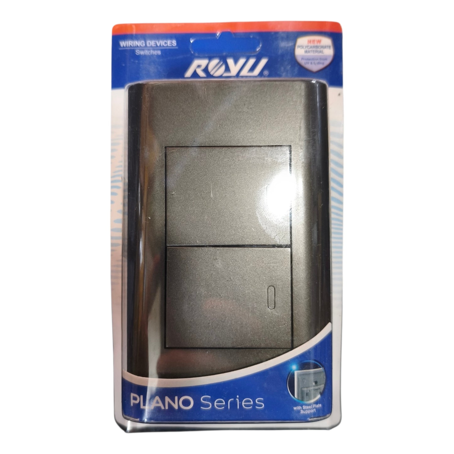 A packaged ROYU Piano Series wall switch device in retail blister packaging, showing a dark gray rectangular switch on a white and blue card with ROYU branding.