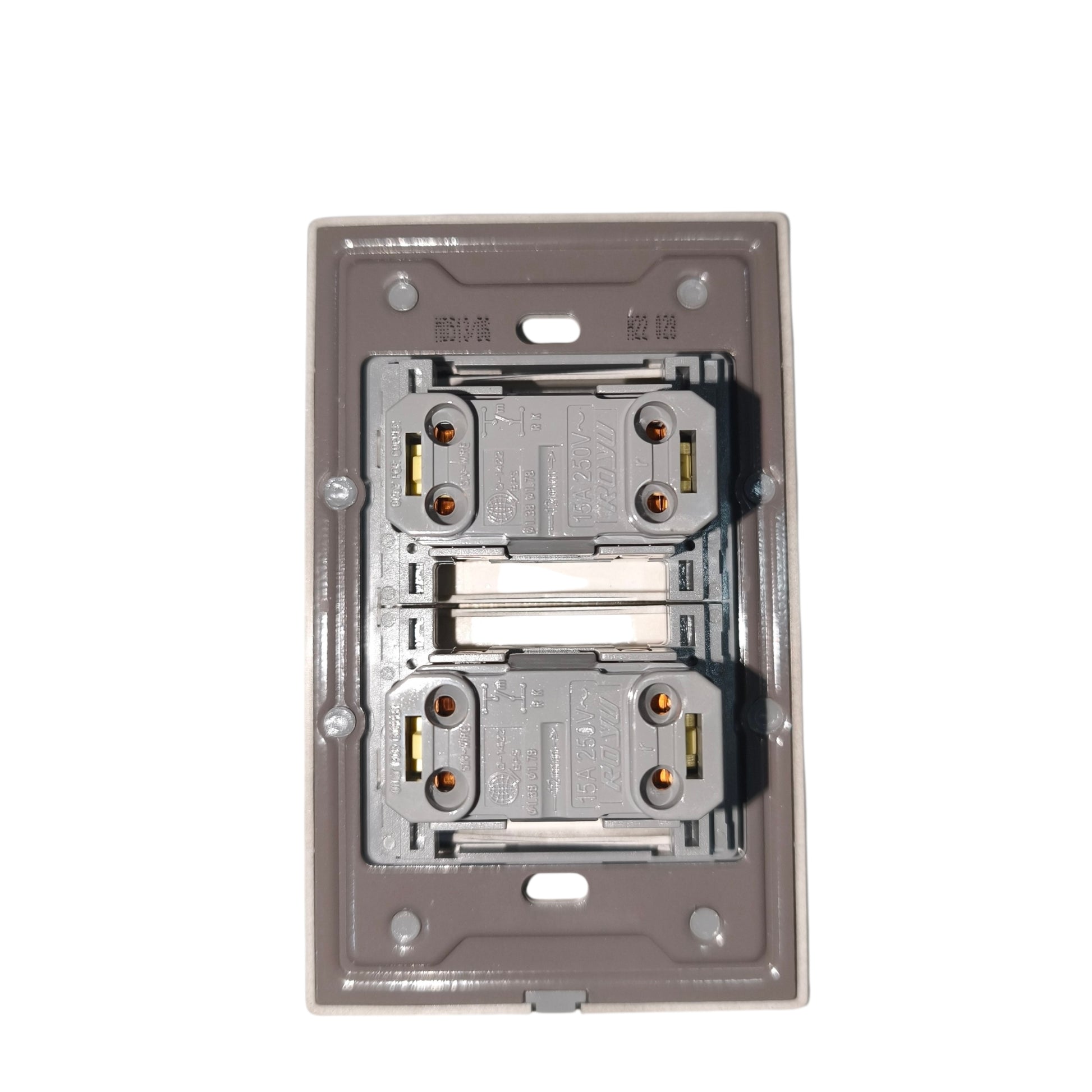 A double GFCI outlet cover plate assembly shown from the back, featuring two silver electrical outlets with gold and red grounding screws inside a gray plastic backplate.